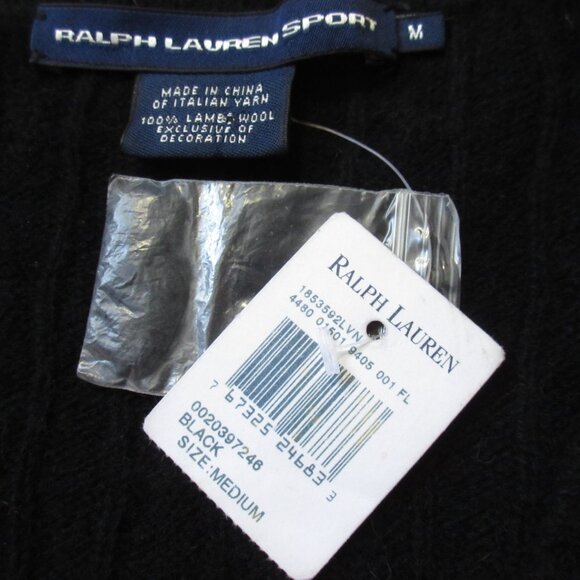NWT Ralph Lauren Sport Cable-Knit Lambs Wool V-neck Sweater in Black Pullover M - Picture 3 of 4